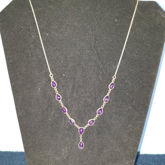 Vintage Victorian 10ct Natural Amethyst Cabochon 925 Sterling Silver Necklace - Picture 7 of 12